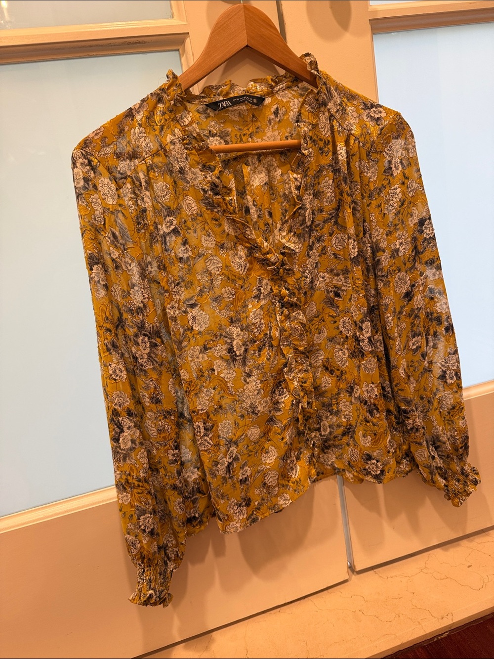 Zara Mustard Floral Ruffle Blouse